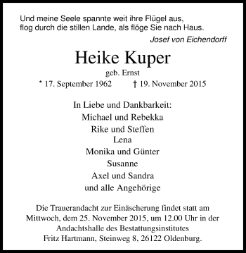 Traueranzeige von Heike Kuper von Nordwest-Zeitung