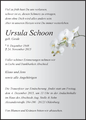 Traueranzeige von Ursula Schoon von Nordwest-Zeitung