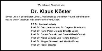 Traueranzeige von Klaus Köster von Nordwest-Zeitung
