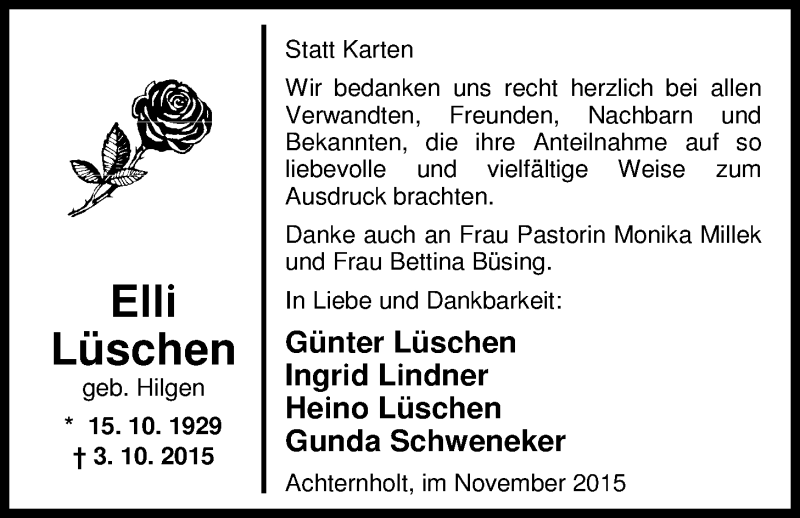  Traueranzeige für Elli Lüschen vom 07.11.2015 aus Nordwest-Zeitung