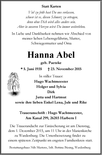 Traueranzeige von Hanna Abel von Nordwest-Zeitung