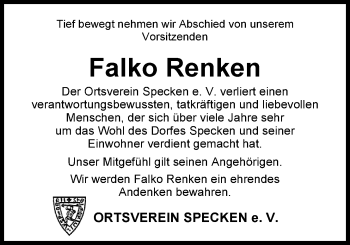 Traueranzeige von Falko Renken von Nordwest-Zeitung