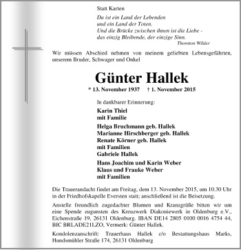 Traueranzeige von Günter Hallek von Nordwest-Zeitung