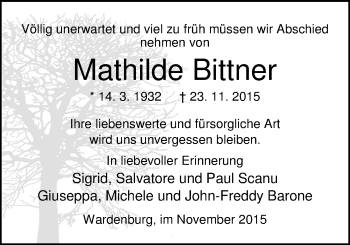 Traueranzeige von Mathilde Bittner von Nordwest-Zeitung