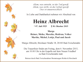 Traueranzeige von Heinz Albrecht von Nordwest-Zeitung