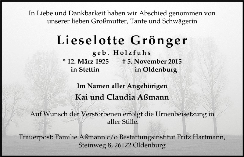  Traueranzeige für Lieselotte Grönger vom 07.11.2015 aus Nordwest-Zeitung