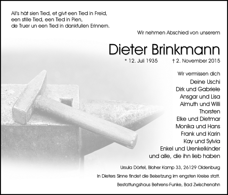  Traueranzeige für Dieter Brinkmann vom 04.11.2015 aus Nordwest-Zeitung