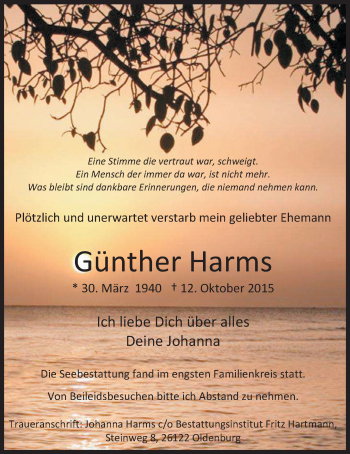 Traueranzeige von Günther Harms von Nordwest-Zeitung