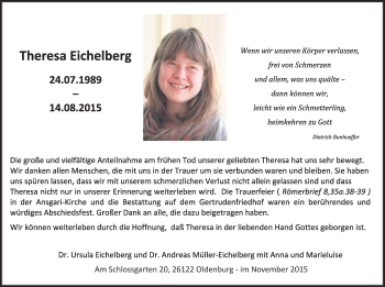 Traueranzeige von Theresa Eichelberg von Nordwest-Zeitung