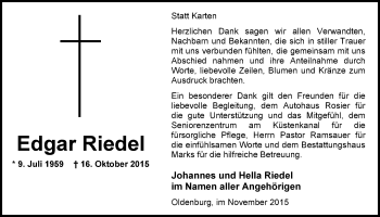 Traueranzeige von Edgar Riedel von Nordwest-Zeitung