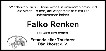 Traueranzeige von Falko Renken von Nordwest-Zeitung