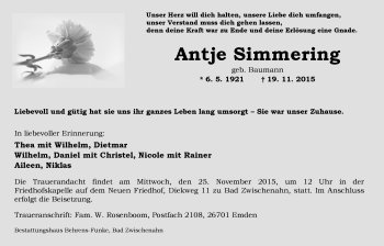 Traueranzeige von Antje Simmering von Nordwest-Zeitung