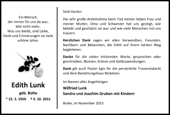 Traueranzeige von Edith Lunk von Nordwest-Zeitung