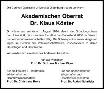 Traueranzeige von Klaus Köster von Nordwest-Zeitung