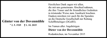 Traueranzeige von Günter von der Dovenmühle von Nordwest-Zeitung