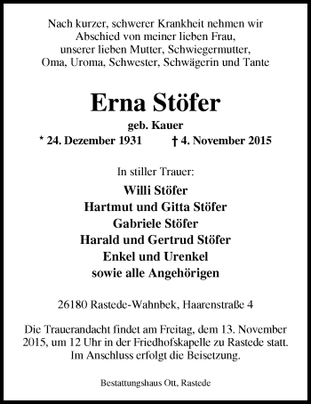 Traueranzeige von Erna Stöfer von Nordwest-Zeitung