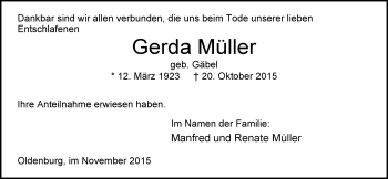 Traueranzeige von Gerda Müller von Nordwest-Zeitung