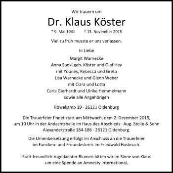 Traueranzeige von Klaus Köster von Nordwest-Zeitung