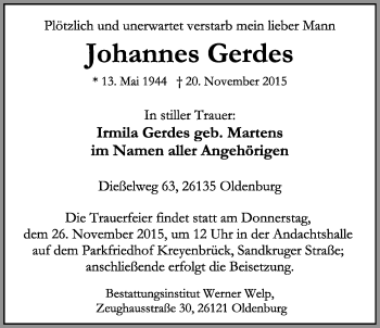 Traueranzeige von Johannes Gerdes von Nordwest-Zeitung