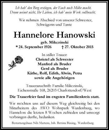 Traueranzeige von Hannelore Hanowski von Nordwest-Zeitung