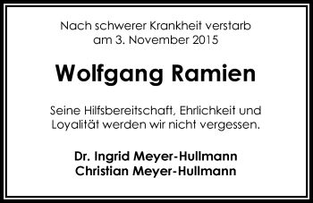 Traueranzeige von Wolfgang Ramien von Nordwest-Zeitung
