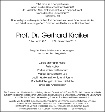 Traueranzeige von Gerhard Kraiker von Nordwest-Zeitung