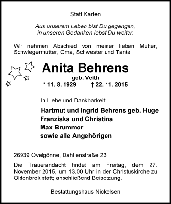 Traueranzeige von Anita Behrens von Nordwest-Zeitung
