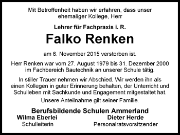 Traueranzeige von Falko Renken von Nordwest-Zeitung