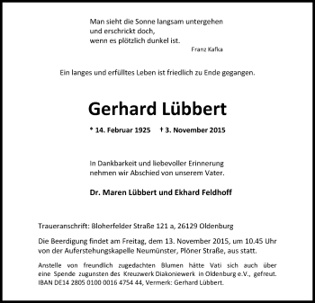 Traueranzeige von Gerhard Lübbert von Nordwest-Zeitung