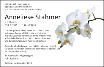 Traueranzeige von Anneliese Stahmer von Nordwest-Zeitung