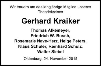 Traueranzeige von Gerhard Kraiker von Nordwest-Zeitung