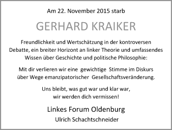 Traueranzeige von Gerhard Kraiker von Nordwest-Zeitung