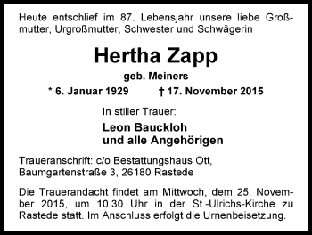 Traueranzeige von Hertha Zapp von Nordwest-Zeitung