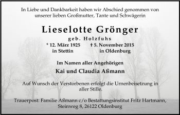 Traueranzeige von Lieselotte Grönger von Nordwest-Zeitung