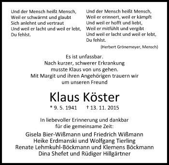 Traueranzeige von Klaus Köster von Nordwest-Zeitung