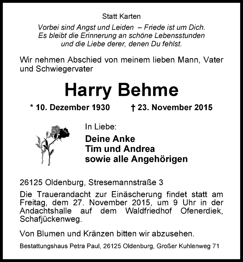  Traueranzeige für Harry Behme vom 25.11.2015 aus Nordwest-Zeitung
