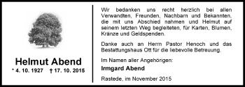Traueranzeige von Helmut Abend von Nordwest-Zeitung