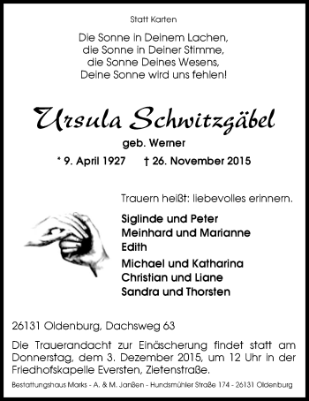 Traueranzeige von Ursula Schwitzgäbel von Nordwest-Zeitung
