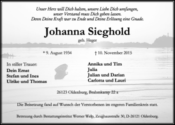 Traueranzeige von Johanna Sieghold von Nordwest-Zeitung