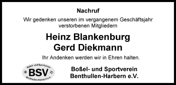 Traueranzeige von Heinz Blankenburg von Nordwest-Zeitung