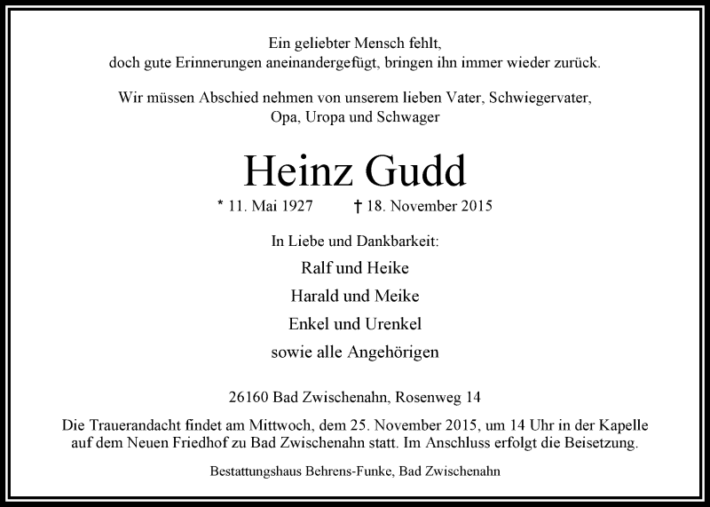  Traueranzeige für Heinz Gudd vom 21.11.2015 aus Nordwest-Zeitung