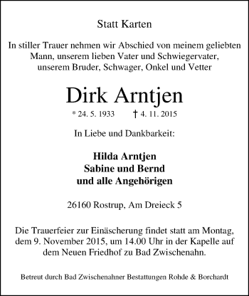 Traueranzeige von Dirk Arntjen von Nordwest-Zeitung
