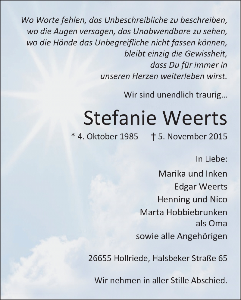  Traueranzeige für Stefanie Weerts vom 10.11.2015 aus Nordwest-Zeitung