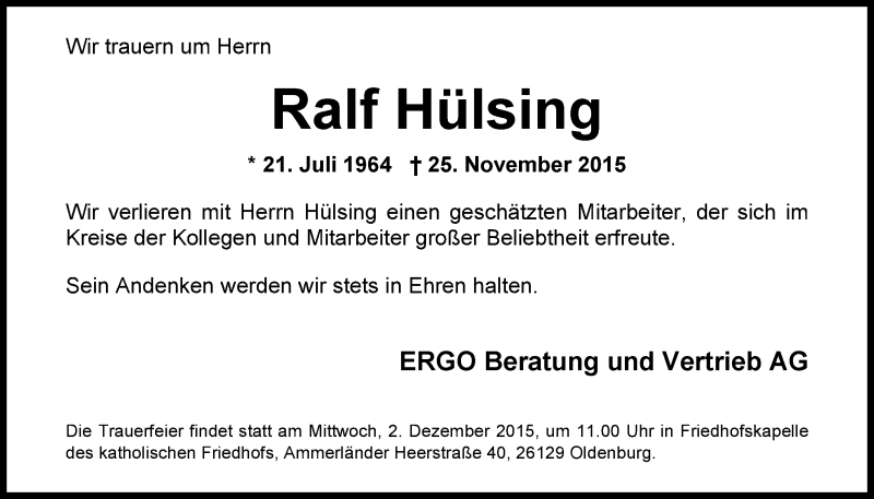  Traueranzeige für Ralf Hülsing vom 28.11.2015 aus Nordwest-Zeitung