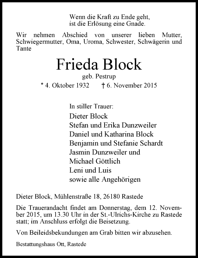  Traueranzeige für Frieda Block vom 09.11.2015 aus Nordwest-Zeitung