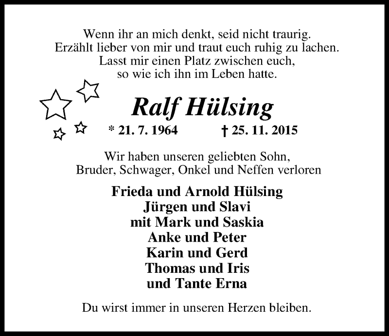  Traueranzeige für Ralf Hülsing vom 28.11.2015 aus Nordwest-Zeitung