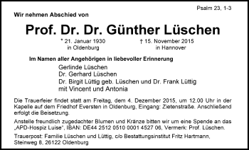 Traueranzeige von Günther Lüschen von Nordwest-Zeitung