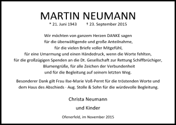 Traueranzeige von Martin Neumann von Nordwest-Zeitung