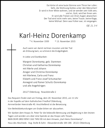 Traueranzeige von Karl-Heinz Dorenkamp von Nordwest-Zeitung