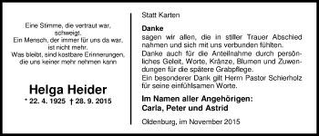 Traueranzeige von Helga Heider von Nordwest-Zeitung